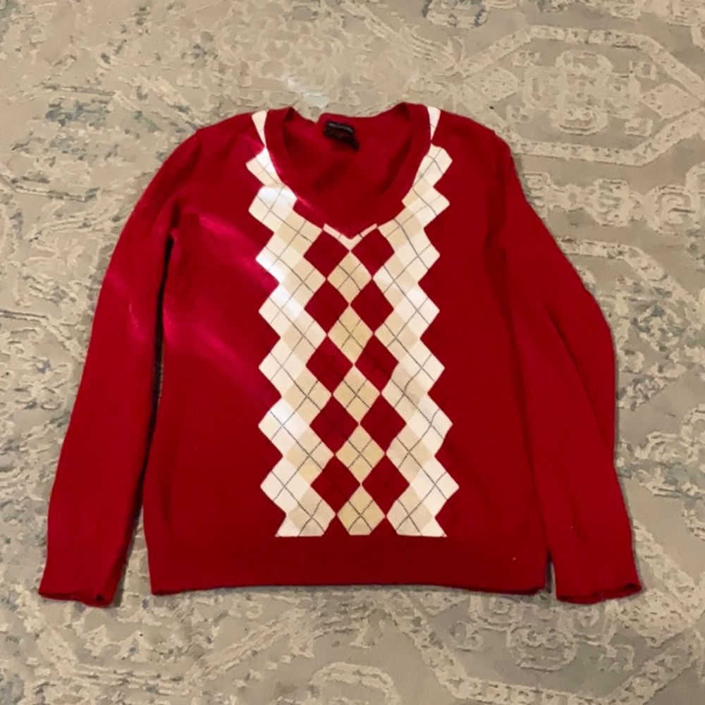 Red Argyle V-Neck Sweater
